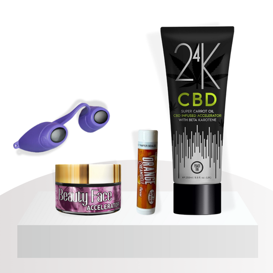 24k CBD Tanning Kit - 24K CBD Super Carrot-Oil, Goggles, Lip Balm & Face Pot Bundle