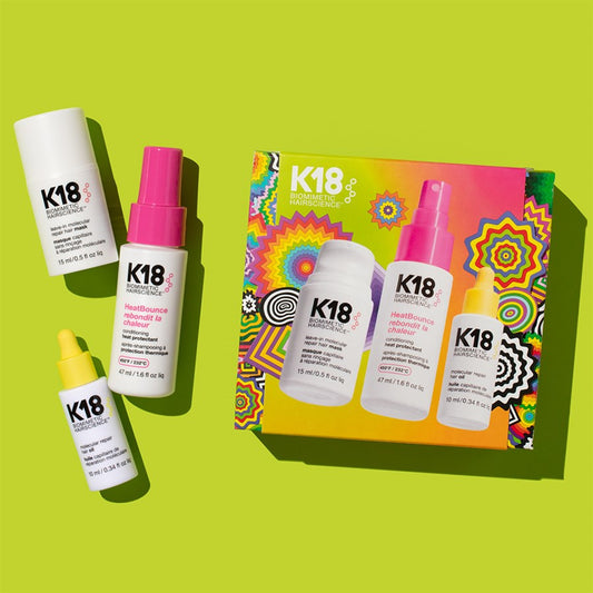 K18 Repair, Protect & Smooth Trio Kit - Repair Mask 15ml, Repair Oil 10ml & Travel Heatbounce 47ml
